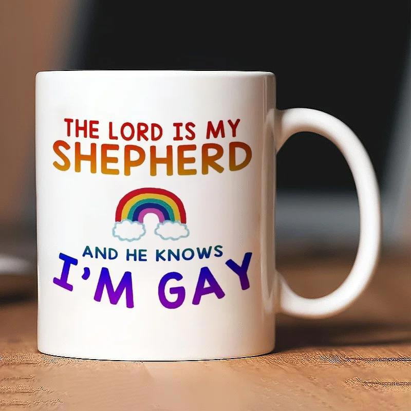 Tailorly White Ceramic 11 oz Mug - The Lord Is My Shepherd And He Knows Im Gay Vibrant Rainbow With Fluffy White Clouds Printed Graphic Ceramic Mug