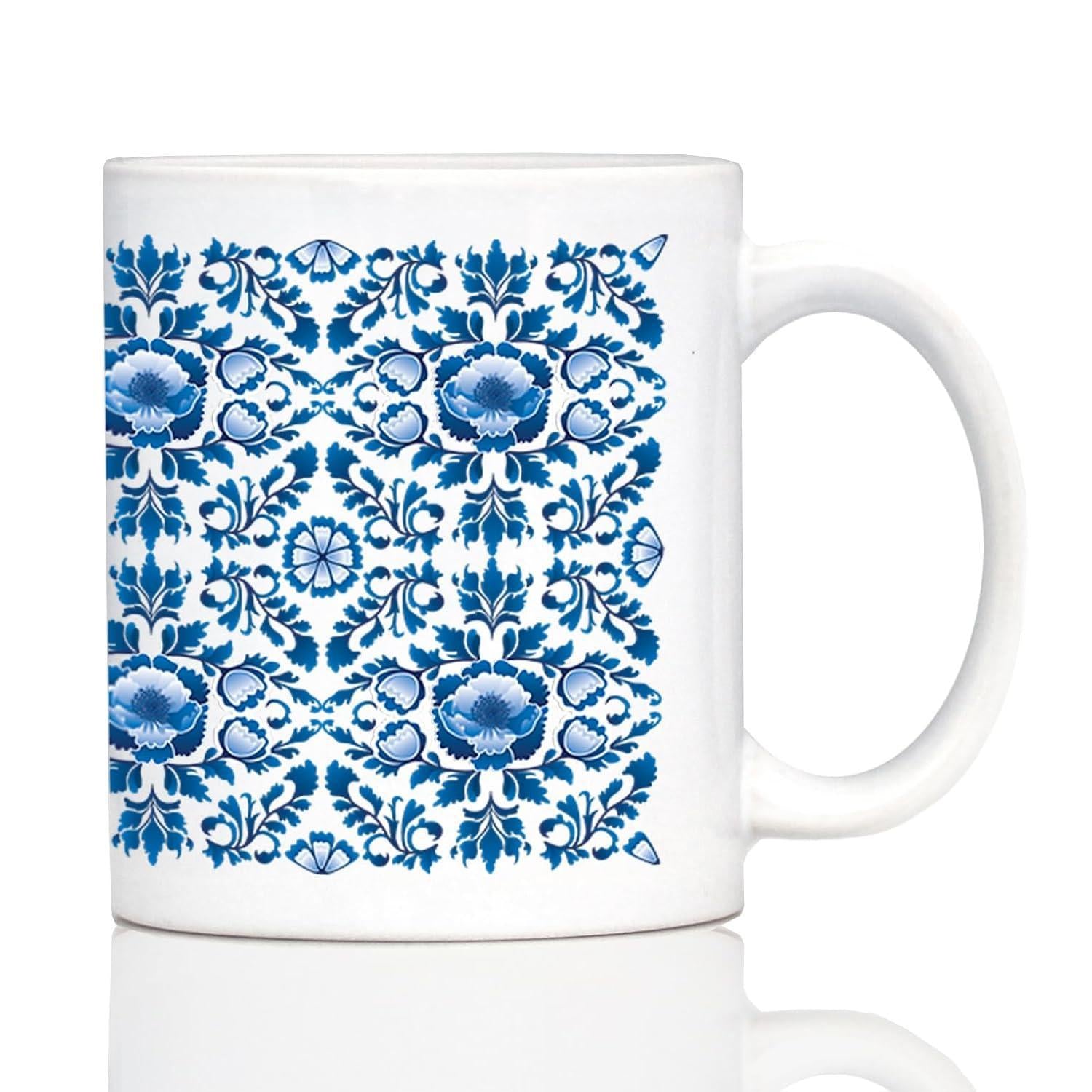 Tailorly White Ceramic 11 oz Mug - Ornate Blue And White Symmetrical Floral Damask Pattern On Ceramic Mug