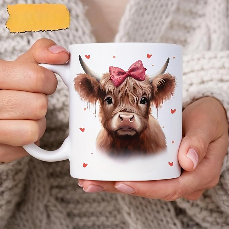 Tailorly White Ceramic 11 oz Mug - Adorable Fluffy Highland Calf With Pink Bow Surrounded By Floating Hearts Cow