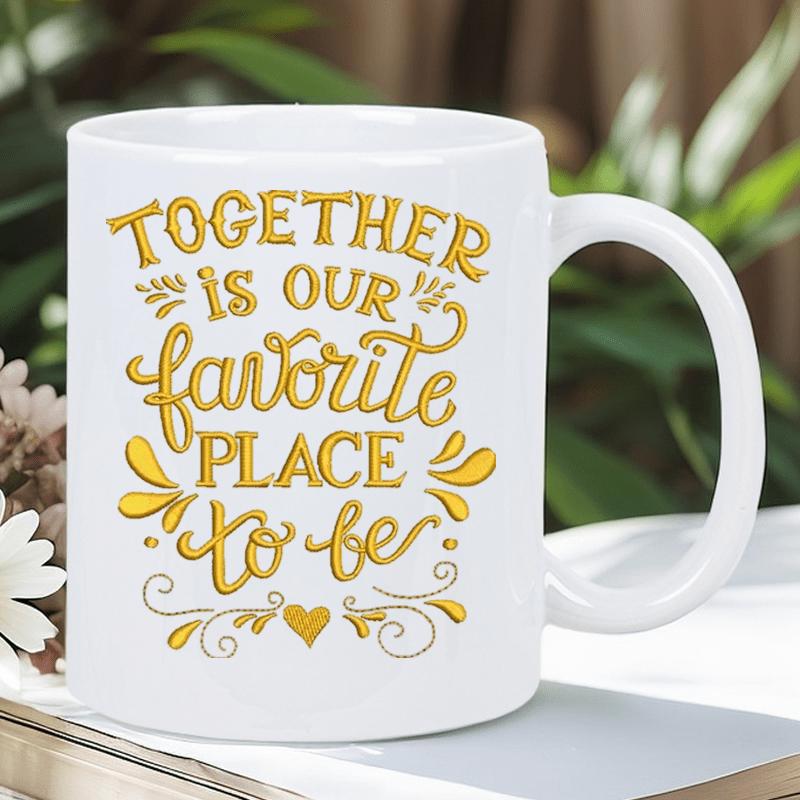 Tailorly White Ceramic 11 oz Mug - Together Is Our Favorite Place To Be Golden Scripted Typography With Elegant Swirls And A Small Delicate Heart Mug