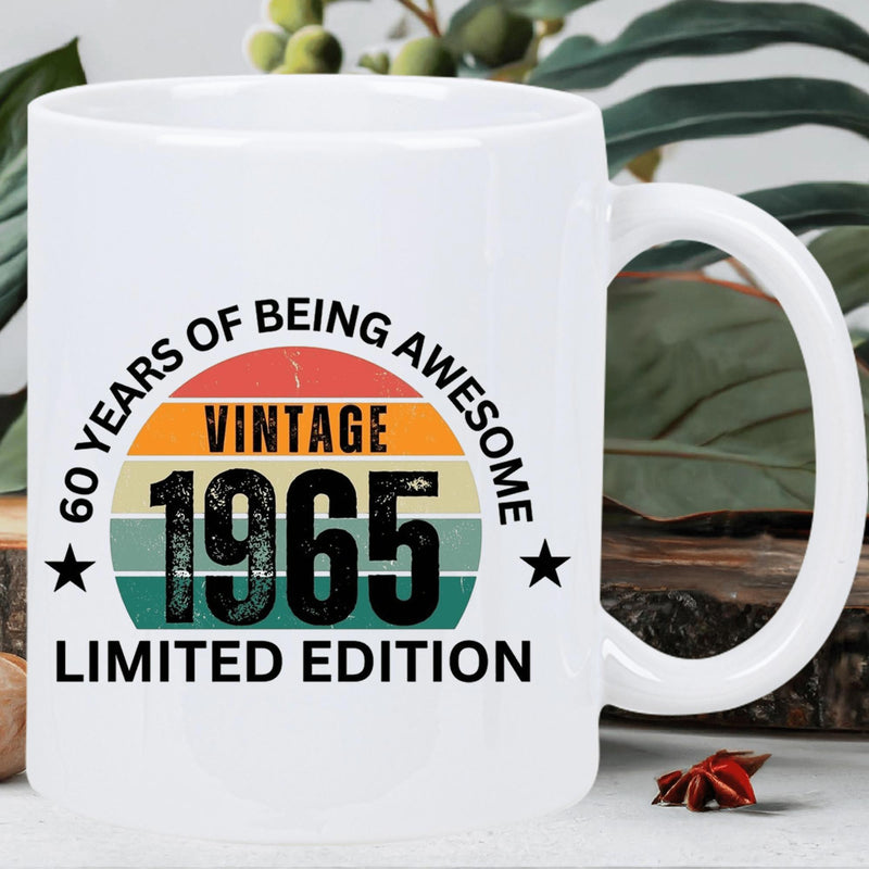 Tailorly White Ceramic 11 oz Mug - 60 Years Of Being Awesome Vintage 1965 Limited Edition Vibrant Retro Sunset With Distressed Multi Color Stripes And Stars Mug