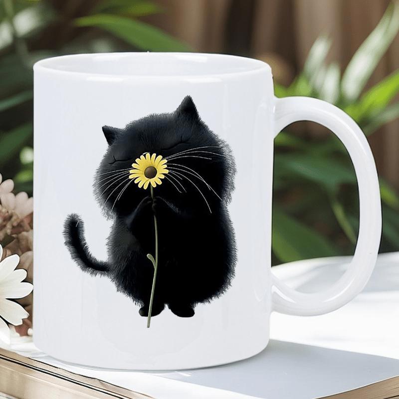 Tailorly White Ceramic 11 oz Mug - Adorable Fluffy Black Kitten Holding A Bright Yellow Daisy Flower Cat