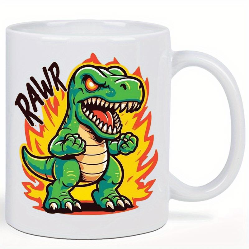 Tailorly White Ceramic 11 oz Mug - Rawr Fierce Cartoon Green Tyrannosaurus Rex Surrounded By Vibrant Orange Fire Flames Dinosaur