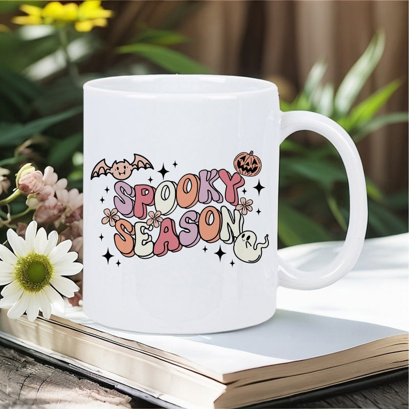 Tailorly White Ceramic 11 oz Mug - Spooky Season Retro Bubbly Letters Surrounded By Cute Ghost Bat And Pumpkin Mug