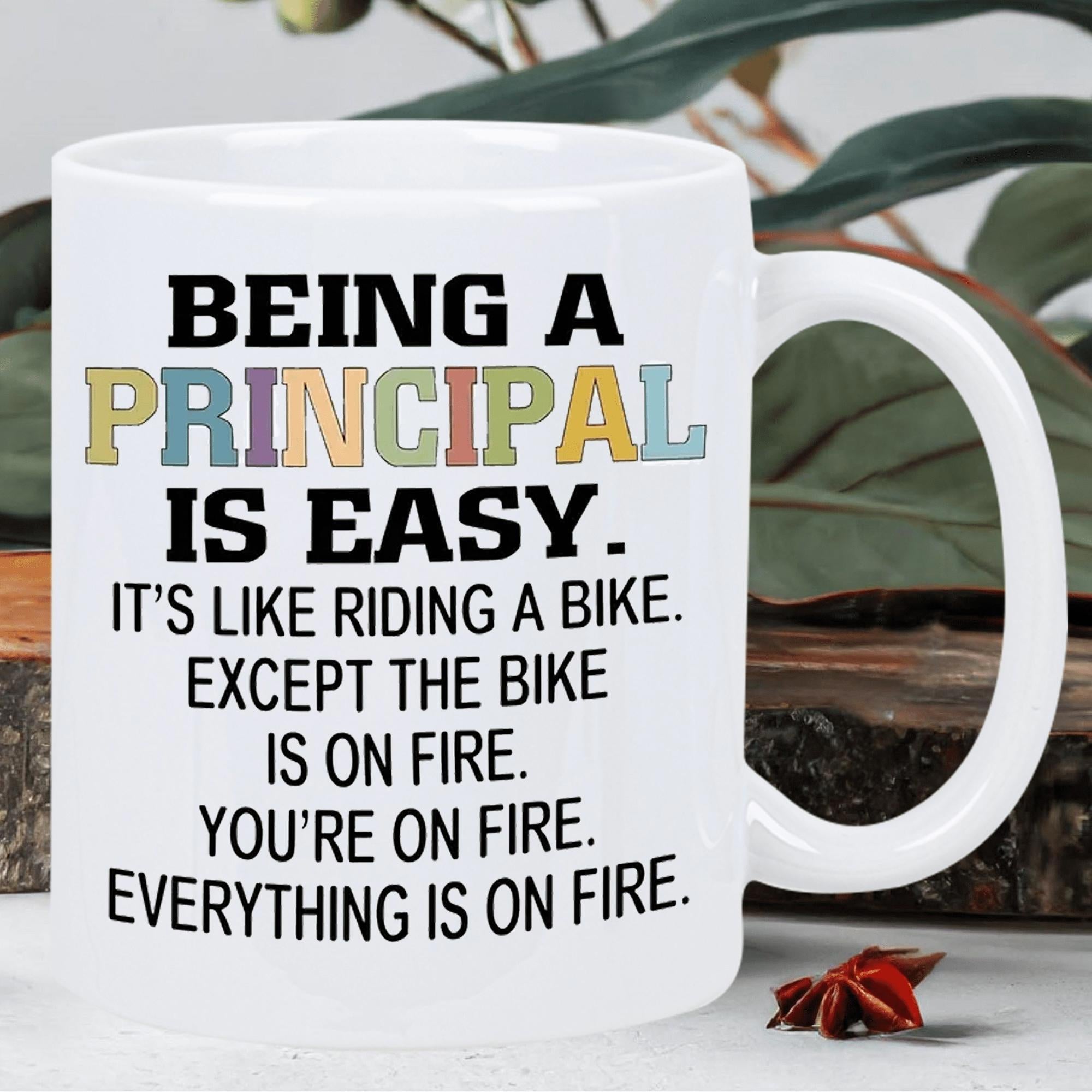Tailorly White Ceramic 11 oz Mug - Being A Principal Is Easy It Is Like Riding A Bike Except The Bike Is On Fire You Are On Fire Everything Is On Fire Minimalist