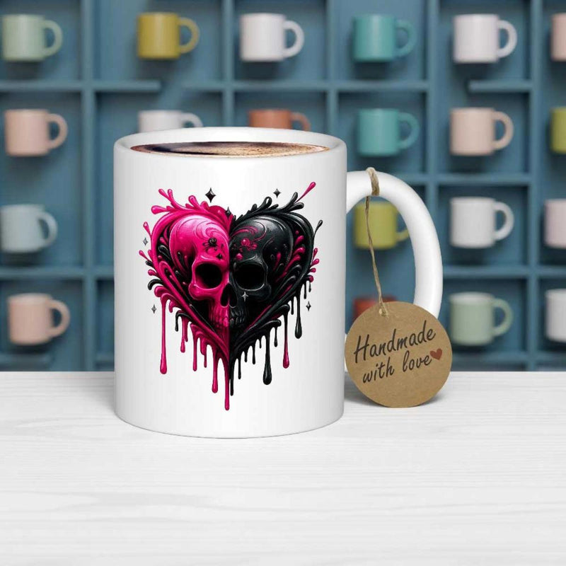 Tailorly White Ceramic 11 oz Mug - Handmade With Love Artistic Gothic Dripping Style Split Pink And Black Skulls Heart