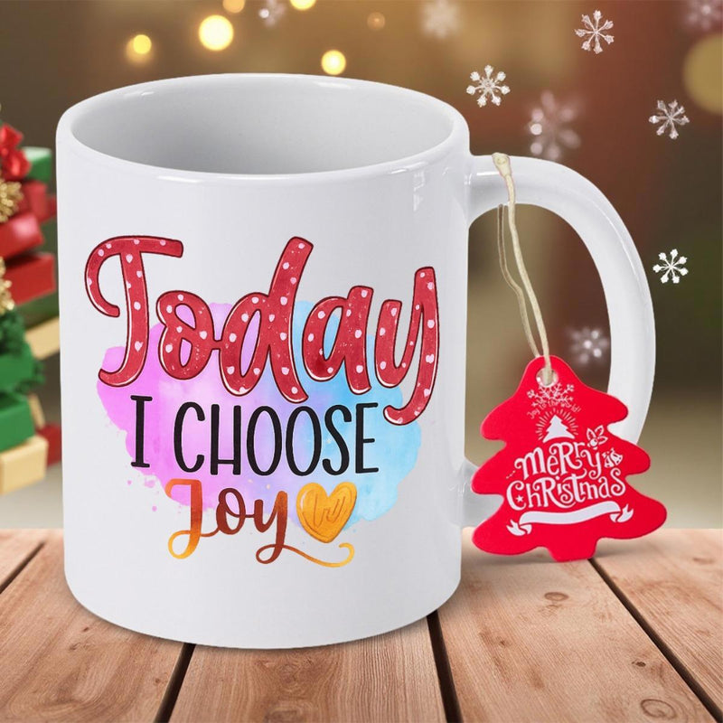 Tailorly White Ceramic 11 oz Mug - Today I Choose Joy Merry Christmas Colorful Watercolor Splash Background With Polka Dot Letters And Small Golden Heart