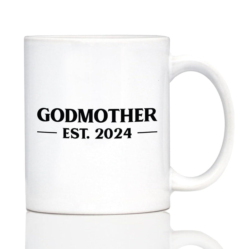 Tailorly White Ceramic 11 oz Mug - Godmother Est 2024 Classic Ceramic White Texture Featuring Elegant Lettering On Smooth Polished Mug