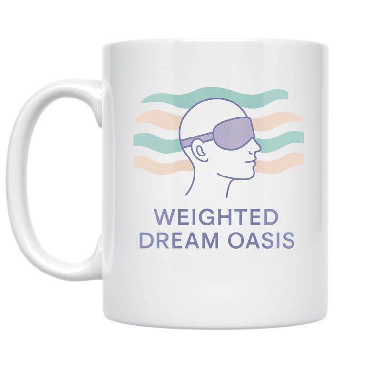 Tailorly White Ceramic 11 oz Mug - Weighted Dream Oasis Minimalist Human Head Wearing Sleep Mask Among Wavy Lines Profile