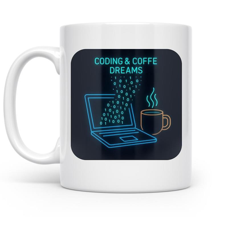 Tailorly White Ceramic 11 oz Mug - Coding Coffee Dreams Neon Blue Line Art Displaying Binary Code Near Steaming Morning Beverage Laptop