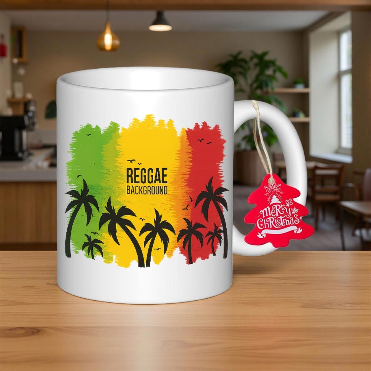 Tailorly White Ceramic 11 oz Mug - Reggae Background Merry Christmas Tropical Palm Trees Standing Against Vibrant Rasta Colors Artistic Splash Palm Tree