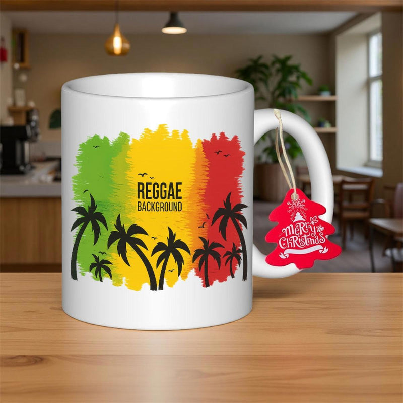 Tailorly White Ceramic 11 oz Mug - Reggae Background Merry Christmas Tropical Palm Trees Standing Against Vibrant Rasta Colors Artistic Splash Palm Tree