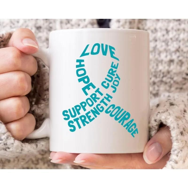 Tailorly White Ceramic 11 oz Mug - Love Hope Support Cure Strength Joy Courage Meaningful Words Arranged In A Graceful Shape Symbolizing Awareness Support Ribbon