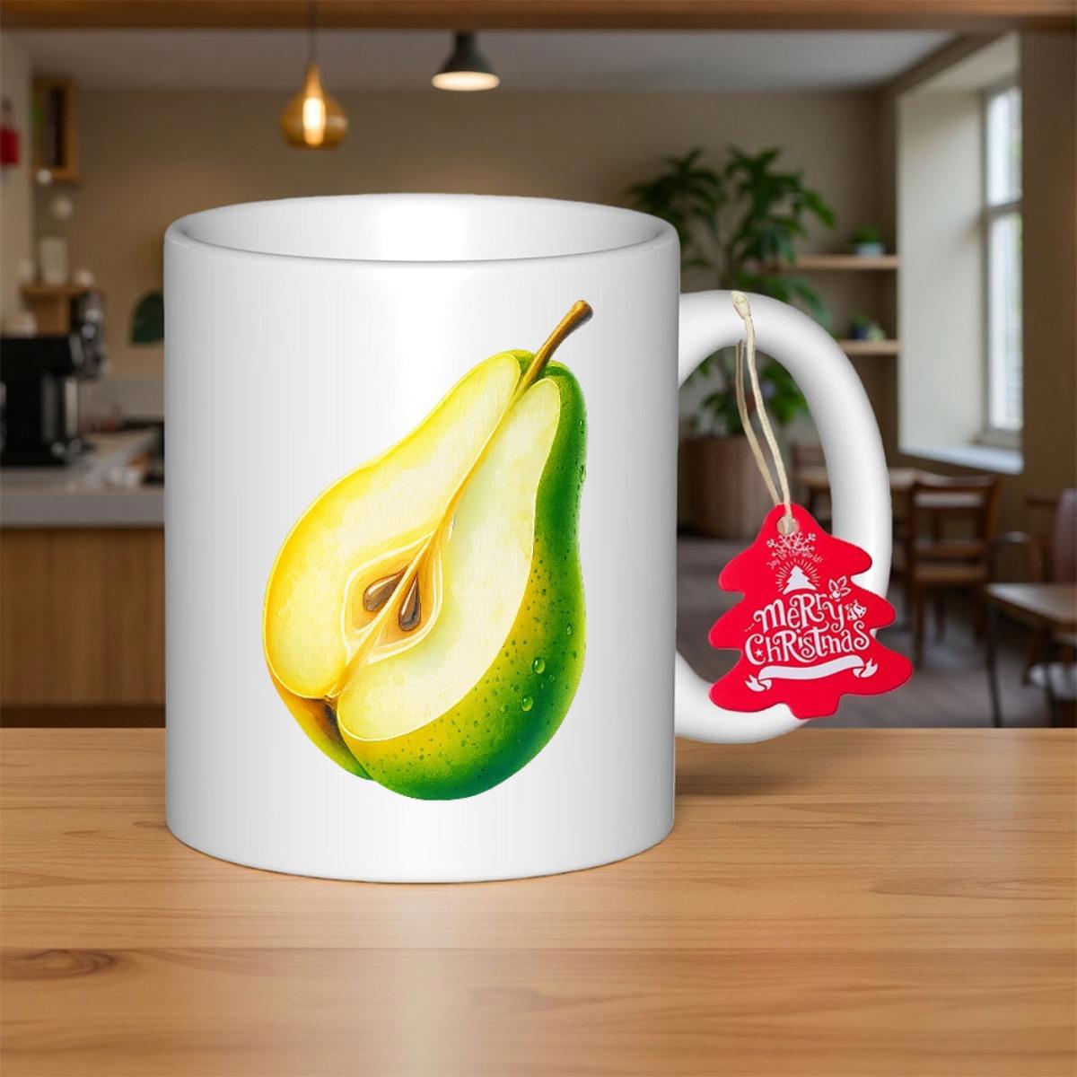 Tailorly White Ceramic 11 oz Mug - Merry Christmas Vibrant Sliced Fruit With Fresh Green Skin And Juicy Yellow Flesh Pear