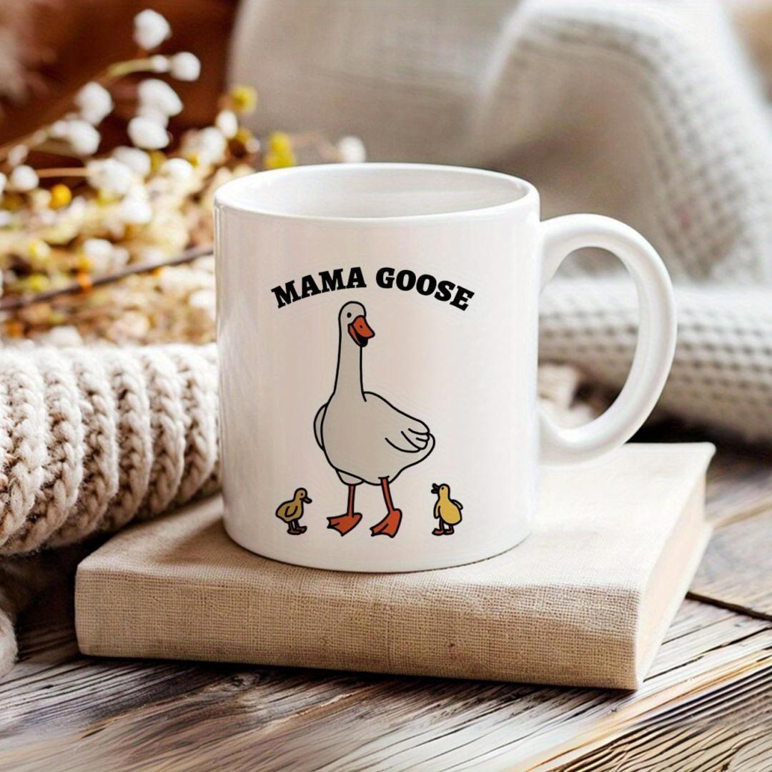 Tailorly White Ceramic 11 oz Mug - Mama Goose Charming Hand Drawn Mother Goose Standing Between Two Tiny Goslings Goose