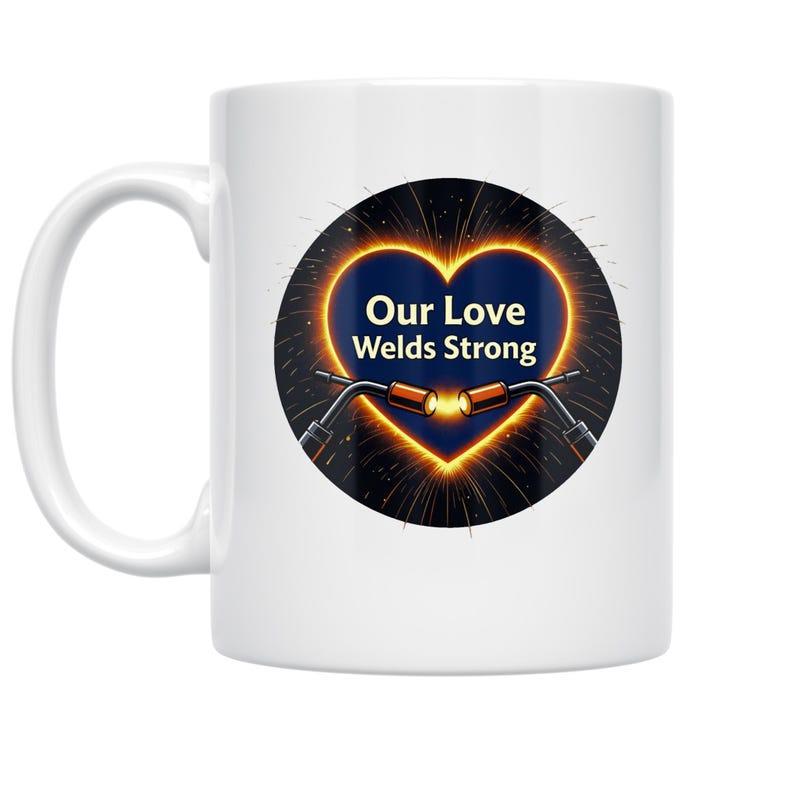 Tailorly White Ceramic 11 oz Mug - Our Love Welds Strong Glowing Neon Sparks From Welding Torches Forming A Strong Industrial Bond Heart