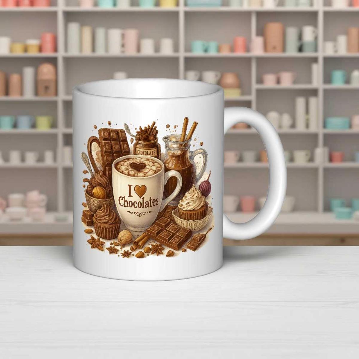 Tailorly White Ceramic 11 oz Mug - I Love Chocolate Delicious Sweets And Cocoa Drinks With Rich Dark Brown Bars Chocolate