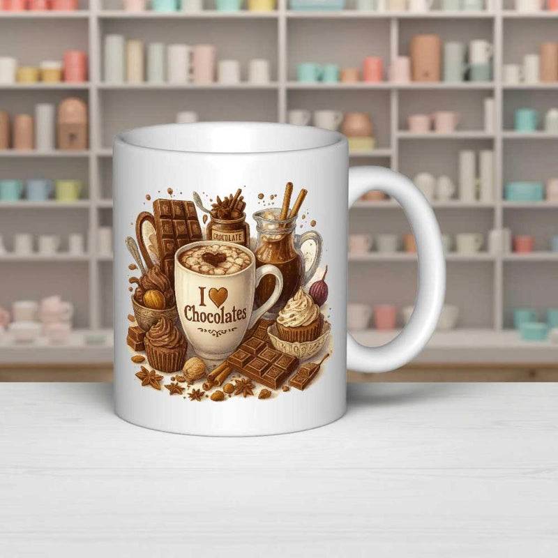 Tailorly White Ceramic 11 oz Mug - I Love Chocolate Delicious Sweets And Cocoa Drinks With Rich Dark Brown Bars Chocolate