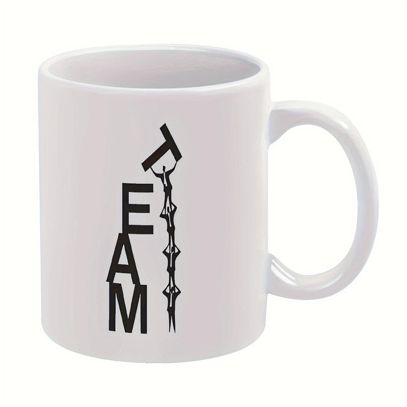 Tailorly White Ceramic 11 oz Mug - Team Collective Effort Small Human Silhouettes Cooperating Together To Support Large Vertical Figures