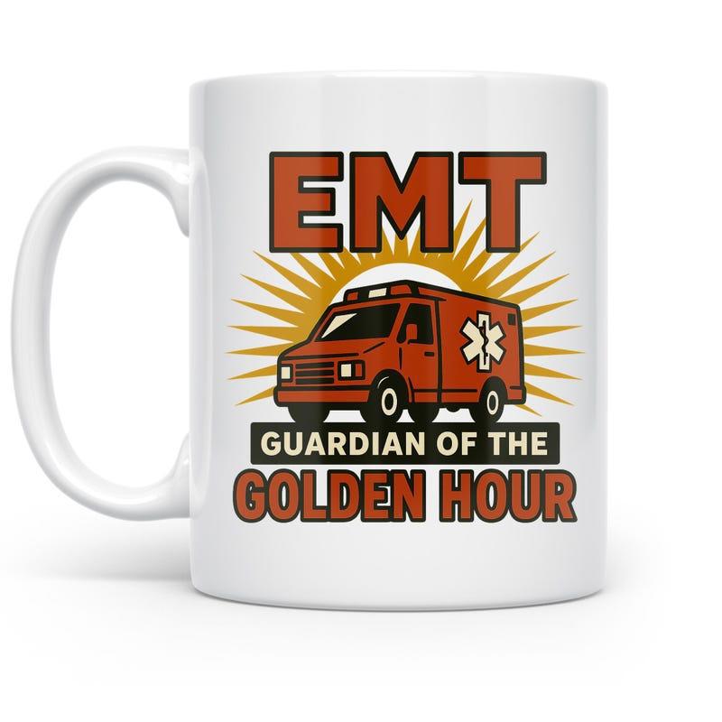 Tailorly White Ceramic 11 oz Mug - Emt Guardian Of The Golden Hour Retro Style Orange Emergency Vehicle Speeding Under Sunburst Ambulance