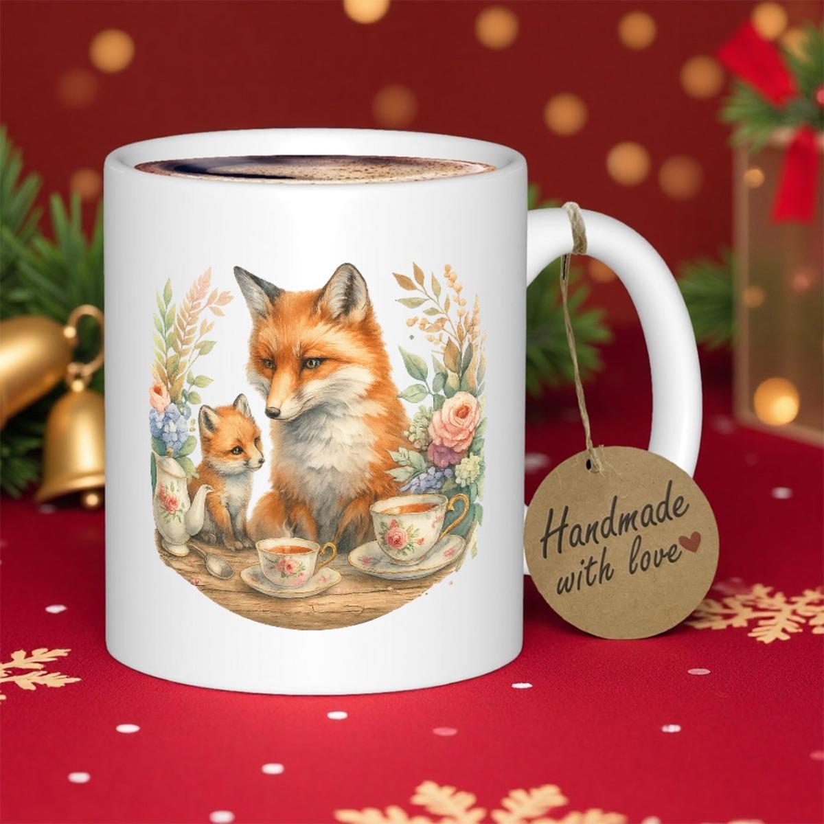 Tailorly White Ceramic 11 oz Mug - Handmade With Love Gentle Mother And Baby Drinking Tea Among Botanical Flowers Fox