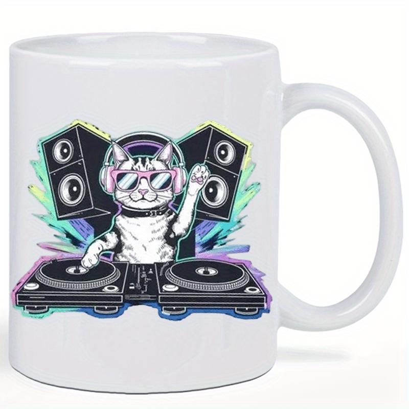 Tailorly White Ceramic 11 oz Mug - Vibrant Cool Musical Neon Character Wearing Sunglasses And Headphones Professional DJ Cat