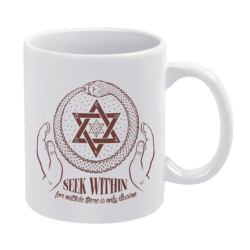 Tailorly White Ceramic 11 oz Mug - Seek Within Mystic Ouroboros Serpent Encircling Hexagram Star Held By Protective Human Hands Snake