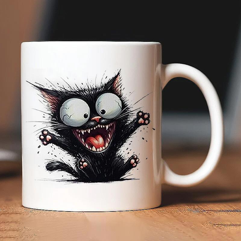 Tailorly White Ceramic 11 oz Mug - Spiky Furry Black Kitten With Huge Eyes And Wide Open Mouth Cat