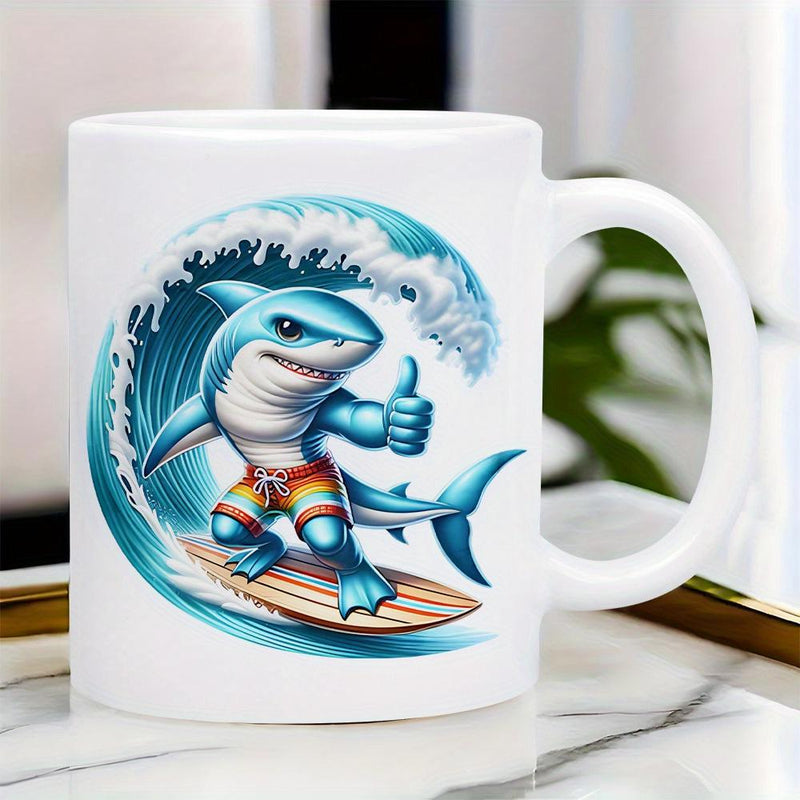 Tailorly White Ceramic 11 oz Mug - Cool Blue Cartoon Shark Surfing On Ocean Wave Giving Thumbs Up Shark