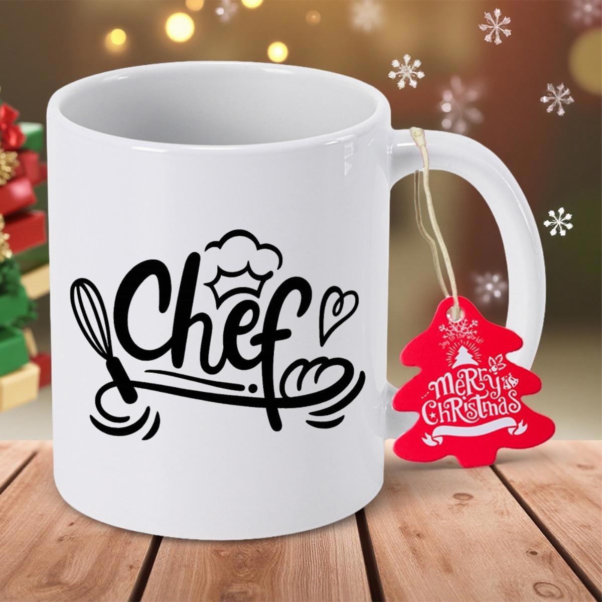 Tailorly White Ceramic 11 oz Mug - Chef Stylized Culinary Whisk And Professional Hat Among Elegant Rolling Pin Flourish Chef