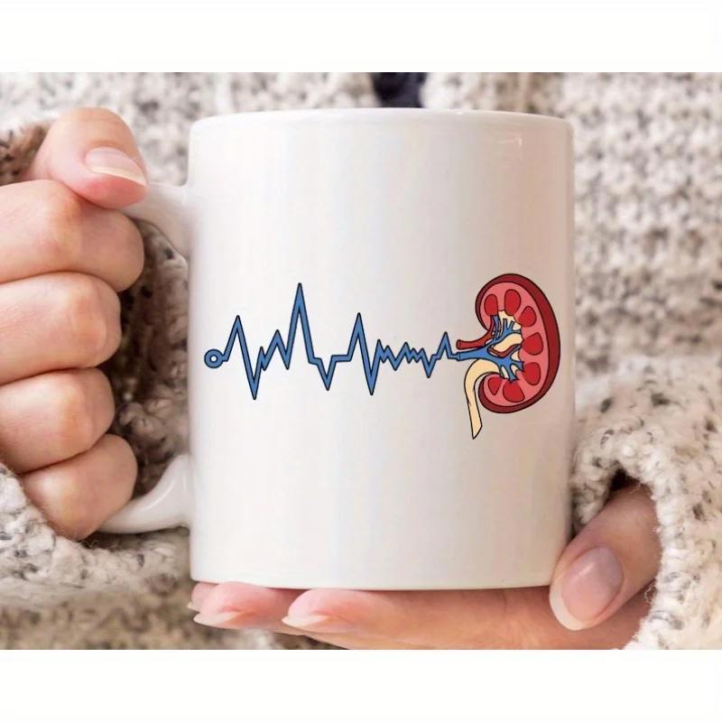 Tailorly White Ceramic 11 oz Mug - Anatomical Medical Heartbeat Pulse Life Line Connected To Healthy Human Kidney