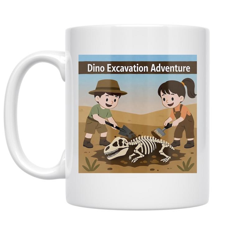 Tailorly White Ceramic 11 oz Mug - Dino Excavation Adventure Two Young Children Digging Up Ancient Fossilized Dinosaur Bones In Sand Dinosaur
