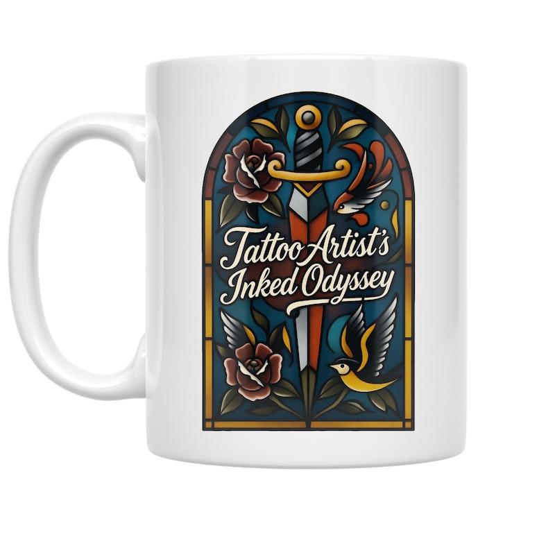 Tailorly White Ceramic 11 oz Mug - Tattoo Artists Inked Odyssey Ornate Stained Glass Frame Surrounding Traditional Roses And Vintage Swallow Dagger