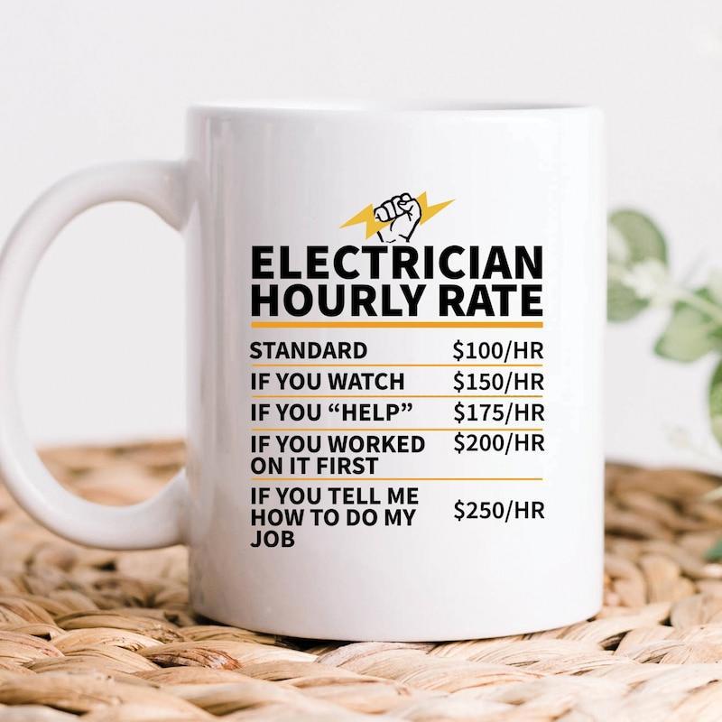 Tailorly White Ceramic 11 oz Mug - Electrician Hourly Rate Bold Black Typography With Yellow Lightning Bolt Icon On Ceramic