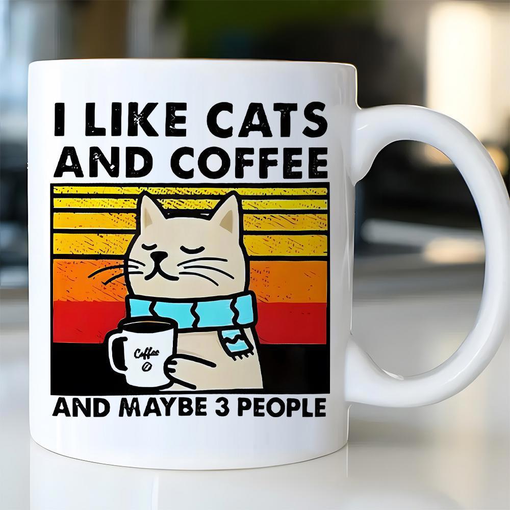 Tailorly White Ceramic 11 oz Mug - I Like Cats And Coffee And Maybe 3 People Retro Sunset Style Graphic Featuring A Calm Morning Coffee Drinking Cat