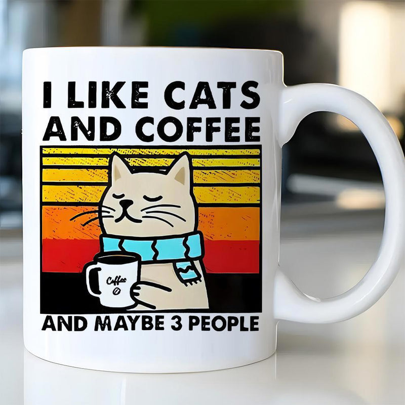 Tailorly White Ceramic 11 oz Mug - I Like Cats And Coffee And Maybe 3 People Retro Sunset Style Graphic Featuring A Calm Morning Coffee Drinking Cat