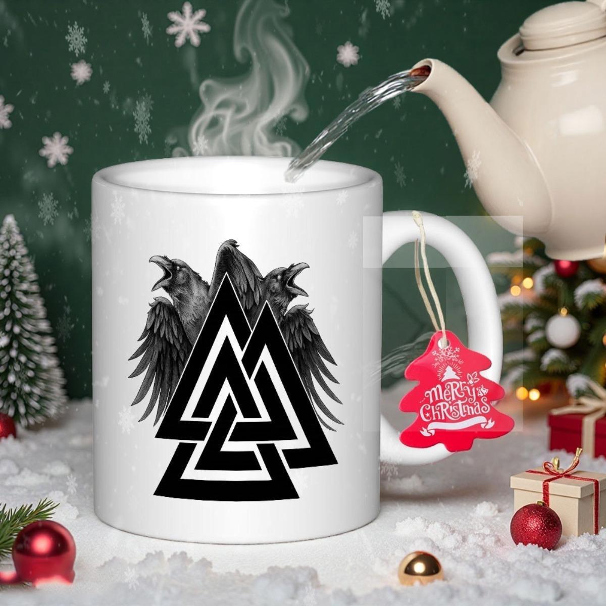 Tailorly White Ceramic 11 oz Mug - Merry Christmas Mythical Ravens With Ancient Valknut Symbol On Snowy Background Raven