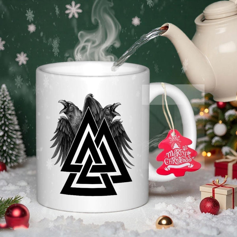 Tailorly White Ceramic 11 oz Mug - Merry Christmas Mythical Ravens With Ancient Valknut Symbol On Snowy Background Raven