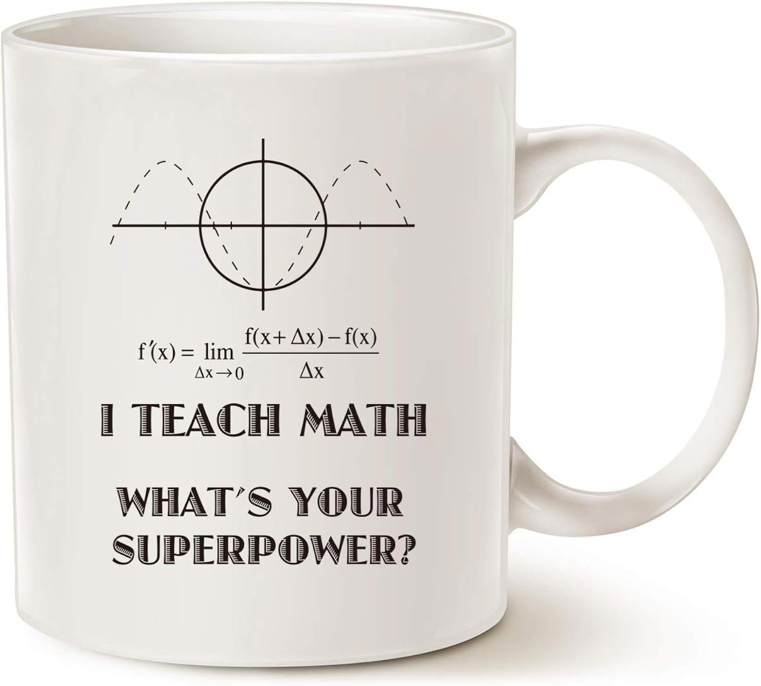 Tailorly White Ceramic 11 oz Mug - I Teach Math Whats Your Superpower Minimalist Linear Calculus Formula With Geometric Sine Wave Coordinate System Diagram
