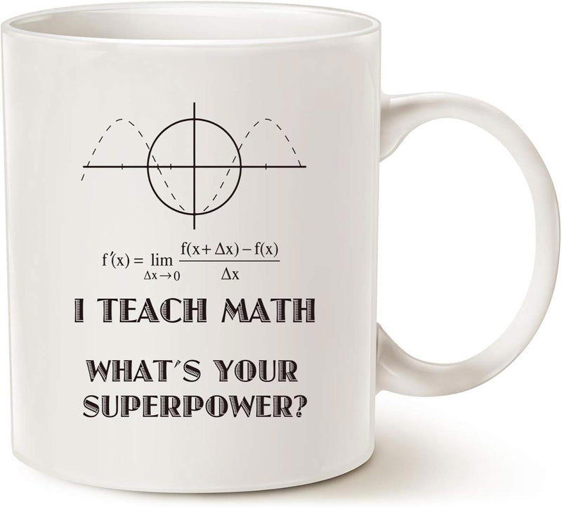 Tailorly White Ceramic 11 oz Mug - I Teach Math Whats Your Superpower Minimalist Linear Calculus Formula With Geometric Sine Wave Coordinate System Diagram