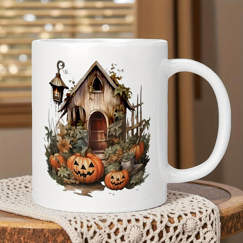 Tailorly White Ceramic 11 oz Mug - Spooky Halloween Scene With Carved Jack O Lanterns Beside A Rustic Wooden House