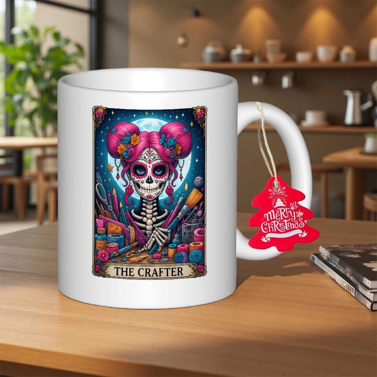 Tailorly White Ceramic 11 oz Mug - The Crafter Merry Christmas Artistic Sugar Skull With Pink Buns Holding Paintbrush And Colorful Yarn Skeleton