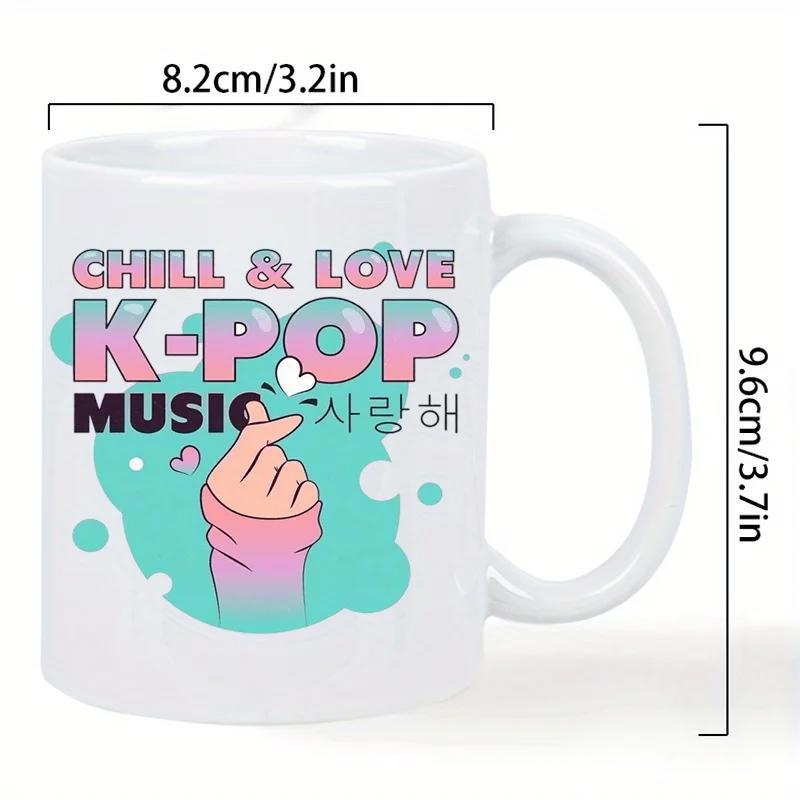 Tailorly White Ceramic 11 oz Mug - Chill Love K Pop Music Pastel Colored Background Featuring A Cute Heart Shaped Hand Gesture Sign Hand