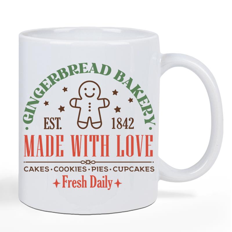 Tailorly White Ceramic 11 oz Mug - Gingerbread Bakery Made With Love Adorable Smiling Character Surrounded By Stars And Traditional Holiday Baking Text Gingerbread