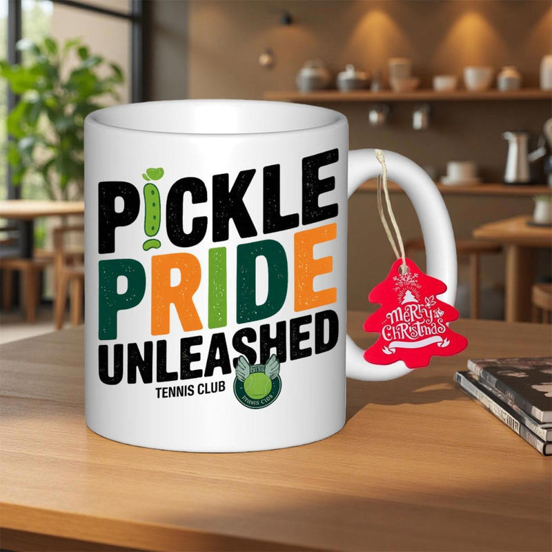 Tailorly White Ceramic 11 oz Mug - Pickle Pride Unleashed Tennis Club Vibrant Bold Typography With Green Pickle Graphic On Mug