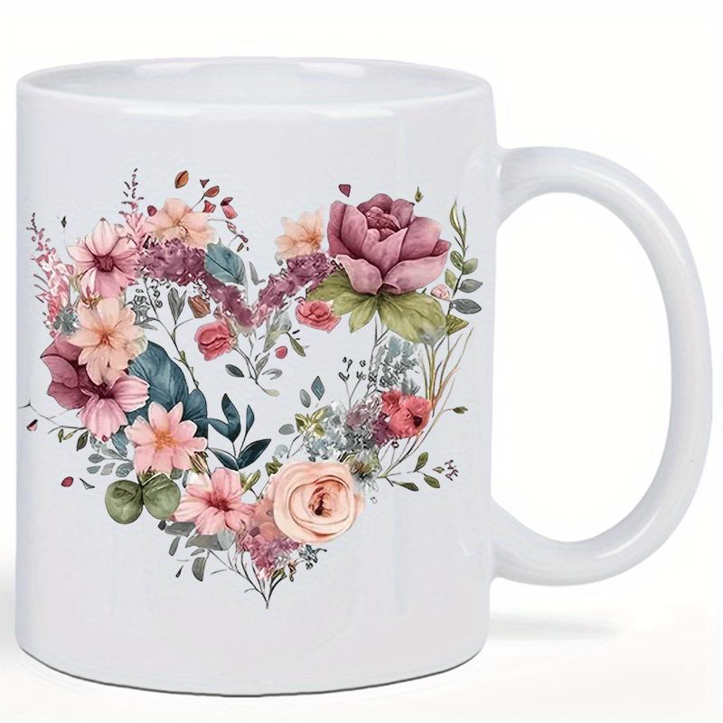 Tailorly White Ceramic 11 oz Mug - Watercolor Peonies And Roses Forming A Delicate Natural Heart Shaped Arrangement Flower