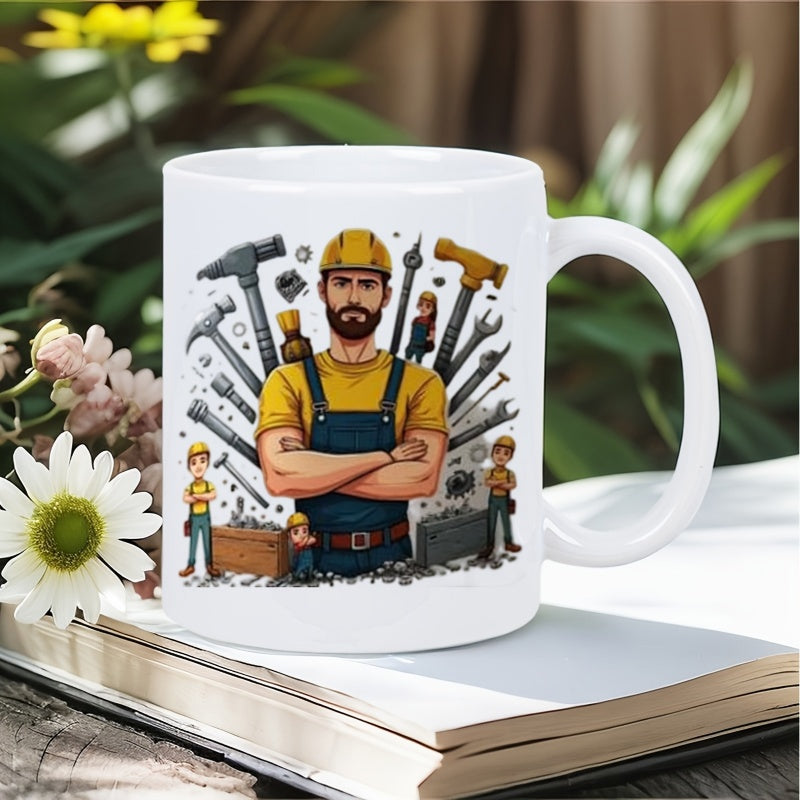 Tailorly White Ceramic 11 oz Mug - Muscular Professional Handyman Surrounded By Various Metal Hand Construction Tools Worker