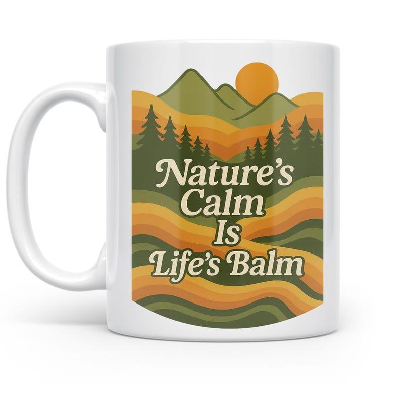 Tailorly White Ceramic 11 oz Mug - Nature's Calm Is Life's Balm Retro Wavy Valleys Set Under A Golden Sunset Mountain Landscape