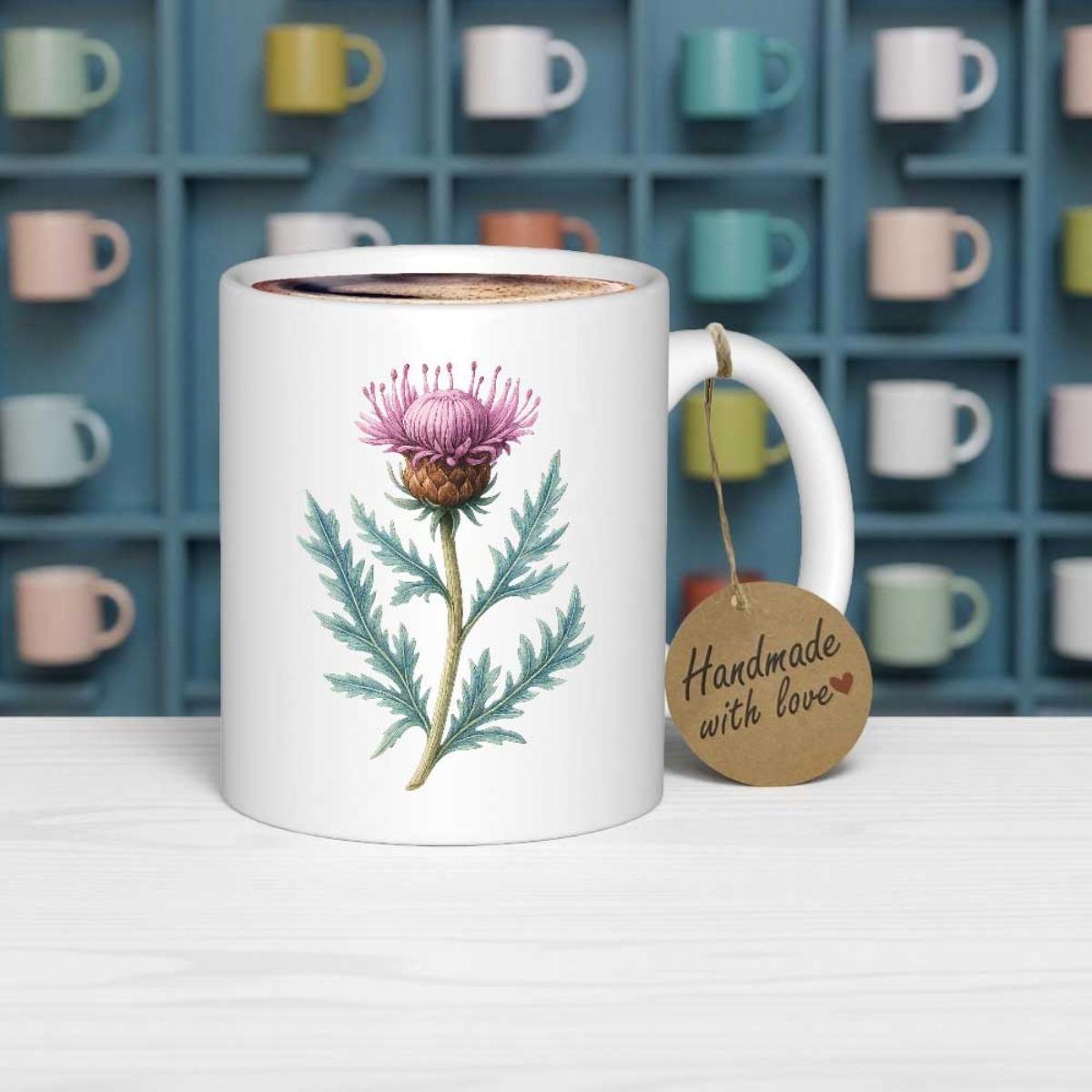 Tailorly White Ceramic 11 oz Mug - Handmade With Love Elegant Purple Blooming Flower With Sharp Green Leaves Thistle