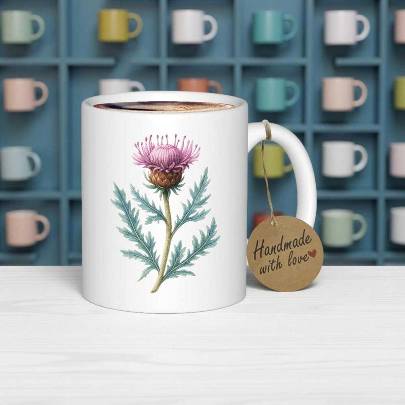 Tailorly White Ceramic 11 oz Mug - Handmade With Love Elegant Purple Blooming Flower With Sharp Green Leaves Thistle